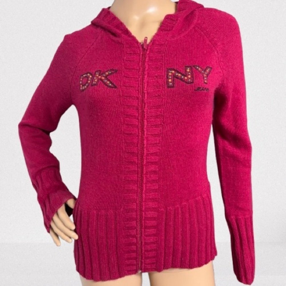 Vintage Y2K Magenta Hooded DKNY Embellished Embroidered Cardigan Size S